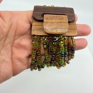 Multi Strand Seed Bead Wood Clasp Bracelet Green Amber Tone Boho Statement Gift